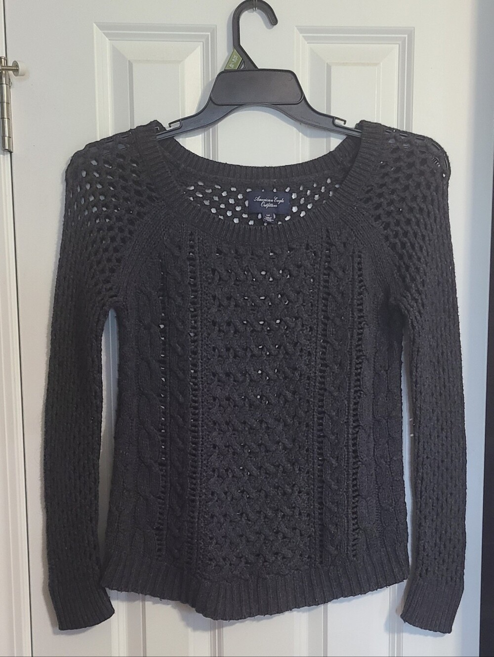 American Eagle Outfitters Black Open-Knit Cable Crew Sweater